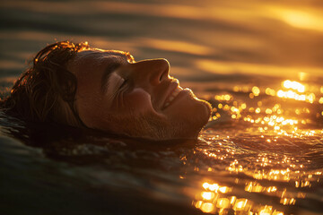 A man floating in the sea, he is happy and smiling with his eyes closed, bathed in the golden hour light.
