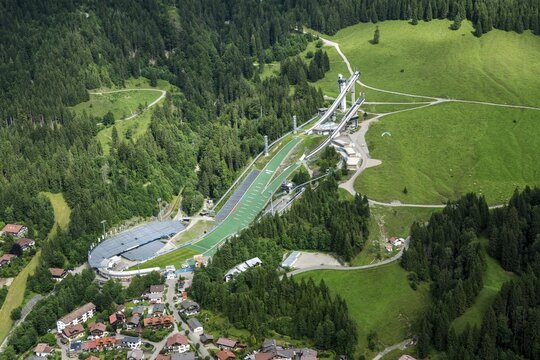 Ski jump arena, aerial view, paragliding flight, Oberstdorf, Oberallg&auml;u, Allg&auml;u, Bavaria, Germany