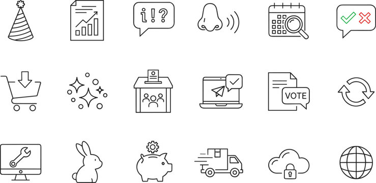 Comprehensive collection of simple black line icons representing diverse concepts including festive celebrations business growth sensory perception voting systems delivery logistics and cloud security
