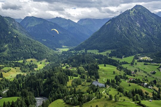 Aerial view, paragliding flight, landscape south of Oberstdorf with view into the Trettachal and the Allg&auml;u Alps, in the back right HimmelschrofeOberallg&auml;u, Allg&auml;u, Bavaria, Germany