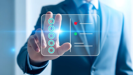 Business professional interacting with a digital interface for survey and feedback, representing modern technological evaluation and decision-making