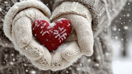 Hands in Knitted Mittens Holding Red Heart in Snowfall