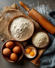 Baking Essentials: An inviting overhead shot showcases the art of baking with bowls of flour and eggs, along with a rolling pin and whisk.