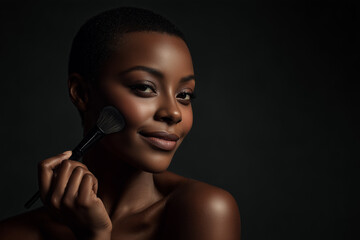 A beautiful black woman with short hair, holding a makeup brush to her cheek and applying foundation, against a black background.