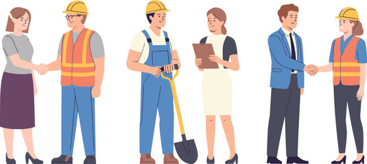 Obraz premium Construction handshake, business professionals, teamwork, project planning, safety gear, engineering collaboration, clipboard, shovel, cartoon style, agreement scene