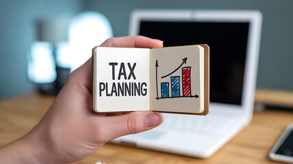 A person holds a small spiral notebook showing tax planning with a colorful upward trending bar graph