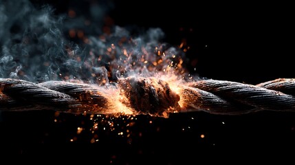 Close-up of a burning rope with sparks and smoke against a black background