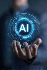 Artificial Intelligence in Human Hand. Person holding or presenting a glowing, futuristic digital interface with the letters "AI" (Artificial Intelligence).