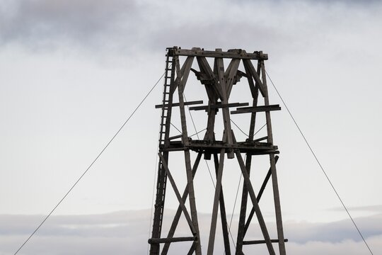 Wooden beam tower, historic coal cable car, landmark, former coal mine, Longyearbyen, Svalbard, Norway