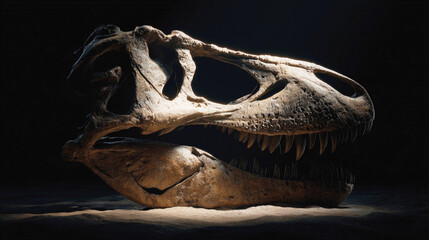 Dramatic close-up of a Tyrannosaurus rex skull fossil under spotlight in a dark exhibition setting, showcasing prehistoric detail and texture.