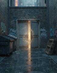 Fototapeta premium A Rainy Alleyway Scene with Open Doors and Urban Textures Depicting a Mysterious Light Source