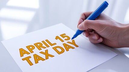 A persons hand holds a blue marker writing APRIL 15 TAX DAY on a clean white paper