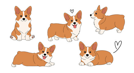 Fototapeta premium Adorable corgi character set includes the dog in various cute positions such as sitting lying down and standing with tiny hearts.