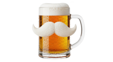 Frothy beer mug with white fluffy mustache against black background glass drink