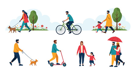 Fototapeta premium Illustration of diverse people in a park engaged in activities like walking dogs, riding a bike, and strolling with children.