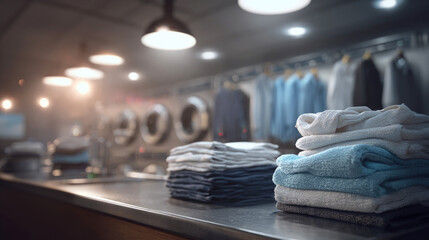 Freshly folded clean laundry on metal counter in laundromat with industrial washing machines and hanging clothes in soft focus background.
