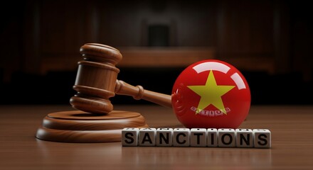 Vietnam flag ball and gavel on desk with sanctions blocks