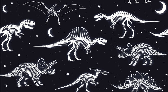 Seamless pattern of glowing white dinosaur skeletons set against a dark starry night sky with crescent moons and stars.