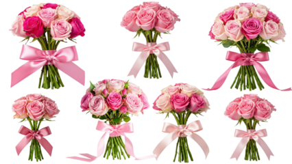 Grid of Seven Pink Rose Bouquets with Matching Ribbons, Romantic Floral Stock Image