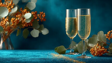 A flat lay of gold glitter, champagne flutes, and evergreen sprigs on a dark blue velvet background, festive and elegant, ready for a New Year's greeting.