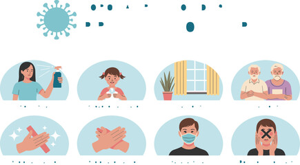 Coronavirus Covid-19 prevention tips with disinfectant use soap hand washing staying home avoid handshaking wearing face mask and not touching face for health safety and hygiene awareness in medical h