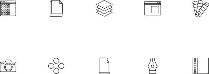 A collection of various office and creative tools icons on a clean white background