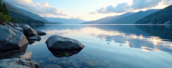 Smooth lake rocks, gentle ripples mirroring sky, lake, rocks, tranquil