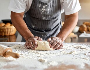 Close-up of person kneading dough covered in flour on a wooden counter with a rolling pin