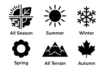 Season summer, autumn, winter, spring, all season, all terrain black line icon set. Season icons, label, sticker, banner, symbol, sign, emblem, logo, badge, web. Vector illustration.