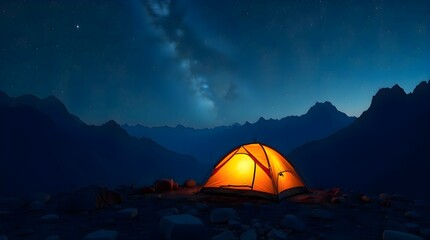 Isolated camping tent standing in a rocky natural area, minimal outdoor shelter concept representing travel adventure, wilderness survival and exploration themes