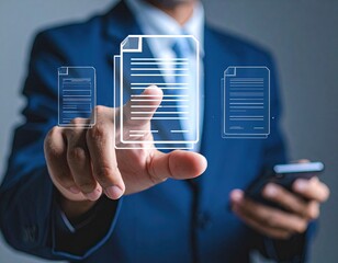 A businessperson's hand points toward document icons floating digitally in front of them