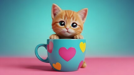 Adorable orange tabby kitten peeking out of a teal heartdecorated coffee mug