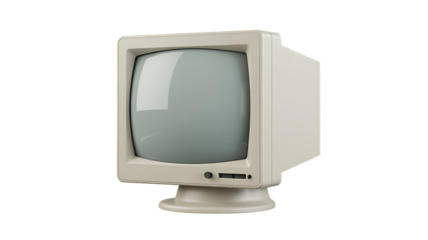 Retro beige CRT computer monitor from the 1980s, isolated on transparent background.