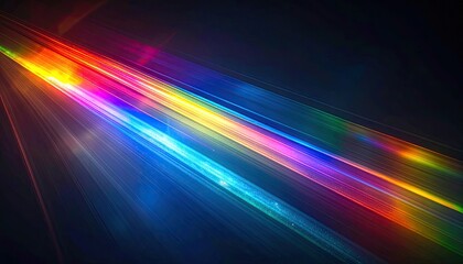 Vivid light rays burst diagonally across dark background, creating a rainbow spectrum