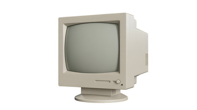 Vintage beige CRT computer monitor with disk drive, isolated on transparent background.