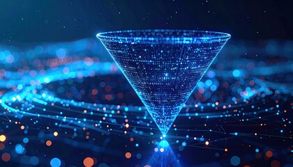 Digital funnel illustration, blue glowing data particles, futuristic science concept