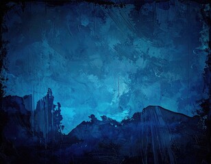 Deep blue abstract landscape, evoking night with brushstrokes, resembling mountains and sky