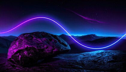 Digitally created scene featuring a large rock, neon wave, mountains, and stars