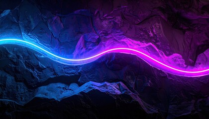 Textured rock formation illuminated by a vibrant, neon blue and pink undulating light