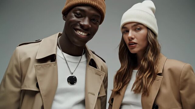 A darkskinned man and a lightskinned woman wearing tan jackets and hats on gray background