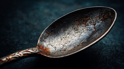 Close-up of an old, tarnished silver spoon with detailed handle on a dark, textured surface