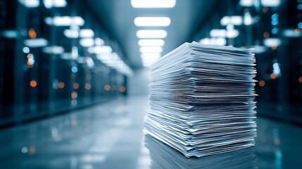Stack of paper in a server room, with blurred background lights. A data center