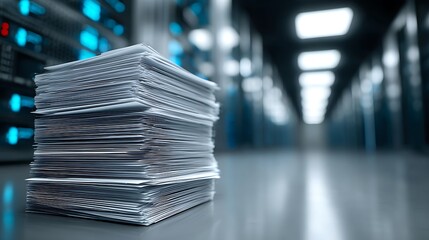 Stack of paper in a server room, with blurred background rows of computer hardware