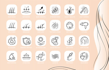 Hair health set icons. The outline icons are well scalable and editable. Contrasting elements are good for different backgrounds. EPS10.