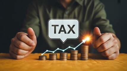 Hands give thumbs up near rising coin stacks, an upward graph, and a prominent TAX speech bubble