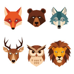 Geometric Animal Faces Set: Fox, Bear, Wolf, Deer, Owl, Lion