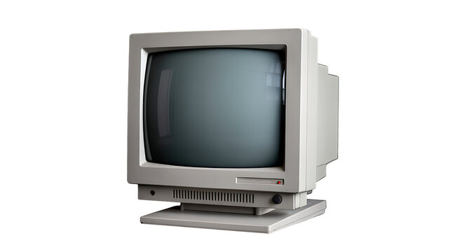 Side view of a vintage beige CRT computer monitor, isolated on transparent background