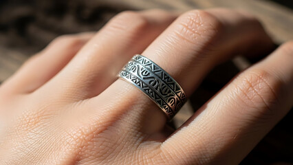 Ring with Engraved Band on Finger