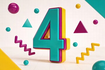 Bright 3d number four with colorful geometric elements on clean background. Modern educational illustration for counting, math learning, kids content, presentations, posters, apps, and creative