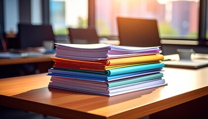 Close-up of stacked documents in vibrant colors on a wooden table, office backdrop
